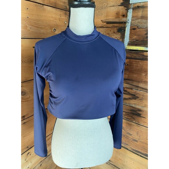 Athleta Swim top L North Point Cropped Rashguard Navy Blue Ruched Sides - Picture 1 of 11